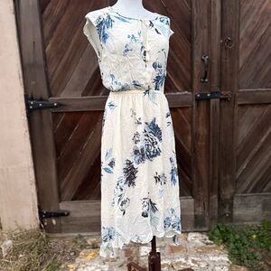 Lucky Brand Blue and Cream Floral Midi Dress
